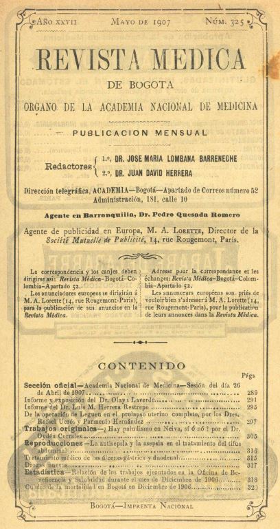 					Ver Vol. 27 Núm. 325 (1907): Revista Médica de Bogotá. Año XXVII. Mayo de 1907. Núm. 325
				