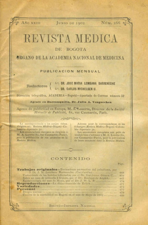 					Ver Vol. 23 Núm. 266 (1902): Revista Médica de Bogotá. Año XXIII. Junio de 1902. Núm. 266
				