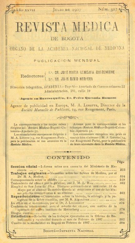 					Ver Vol. 27 Núm. 327 (1907): Revista Médica de Bogotá. Año XXVII. Julio de 1907. Núm. 327
				
