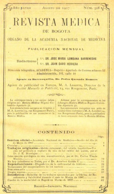 					Ver Vol. 28 Núm. 328 (1907): Revista Médica de Bogotá. Año XXVIII. Agosto de 1907. Núm. 328
				