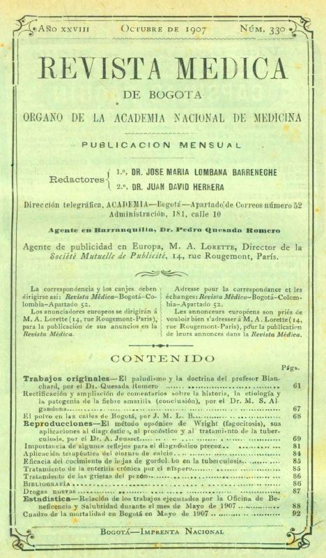 					Ver Vol. 28 Núm. 330 (1907): Revista Médica de Bogotá. Año XXVIII. Octubre de 1907. Núm. 330
				