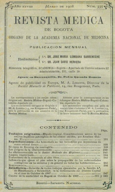 					Ver Vol. 28 Núm. 335 (1908): Revista Médica de Bogotá. Año XXVIII. Marzo de 1908. Núm. 335
				