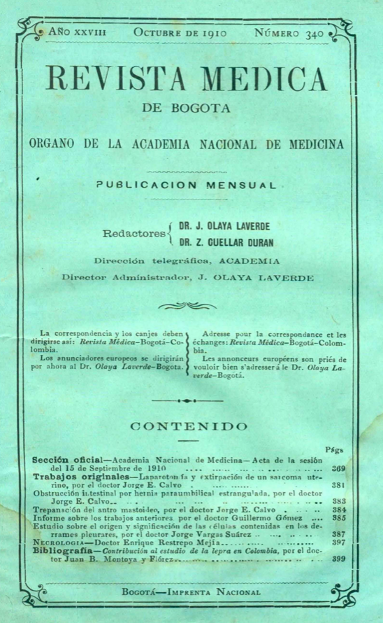 					Ver Vol. 28 Núm. 340 (1910): Revista Médica de Bogotá. Año XXVIII. Octubre de 1910. Núm. 340
				