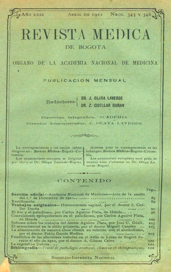 					Ver Vol. 29 Núm. 345-346 (1911): Revista Médica de Bogotá. Año XXIX. Abril de 1911 - Núm. 345-346
				