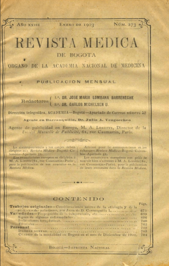 					Ver Vol. 23 Núm. 273 (1903): Revista Médica de Bogotá. Año XXIII. Enero de 1903. Núm. 273
				