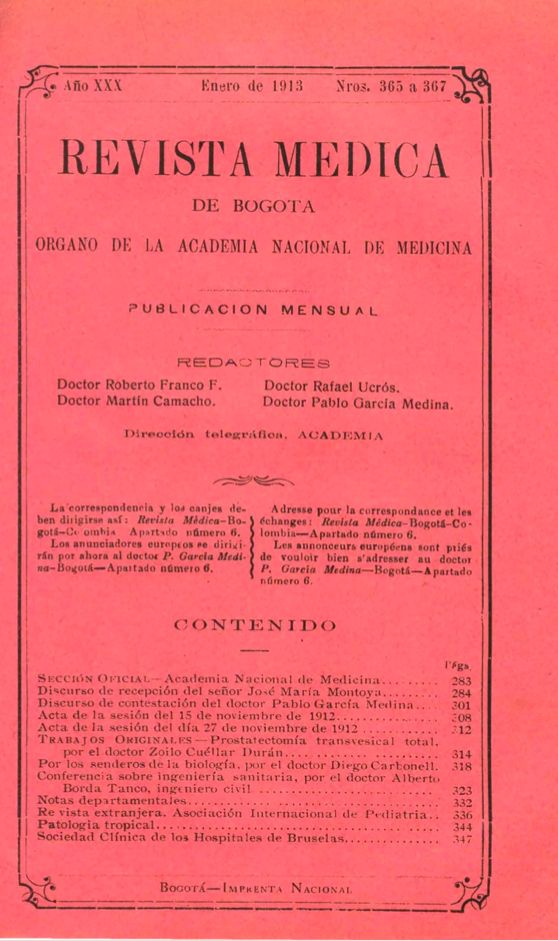 					Ver Vol. 30 Núm. 365-367 (1913): Revista Médica de Bogotá. Año XXX. Enero de 1913 - Núm. 365-367
				
