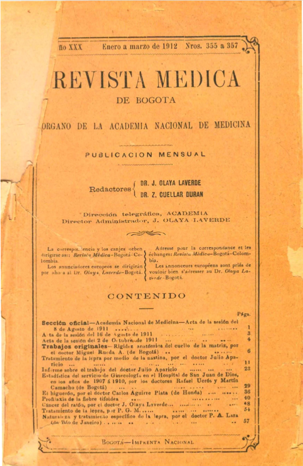 					Ver Vol. 30 Núm. 355-357 (1912): Revista Médica de Bogotá. Año XXX. Enero a Marzo de 1912 - Núm. 355-357
				