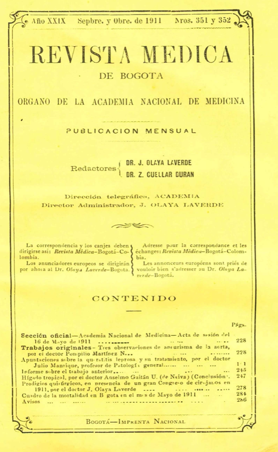 					Ver Vol. 29 Núm. 351-352 (1911): Revista Médica de Bogotá. Año XXIX. Septiembre y Octubre de 1911 - Núm. 351-352
				