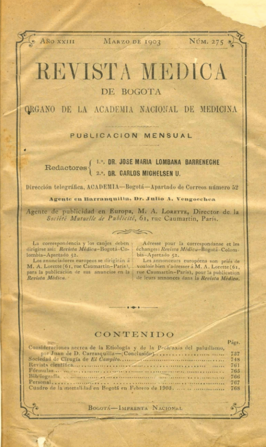 					Ver Vol. 23 Núm. 275 (1903): Revista Médica de Bogotá. Año XXIII. Marzo de 1903. Núm. 275
				