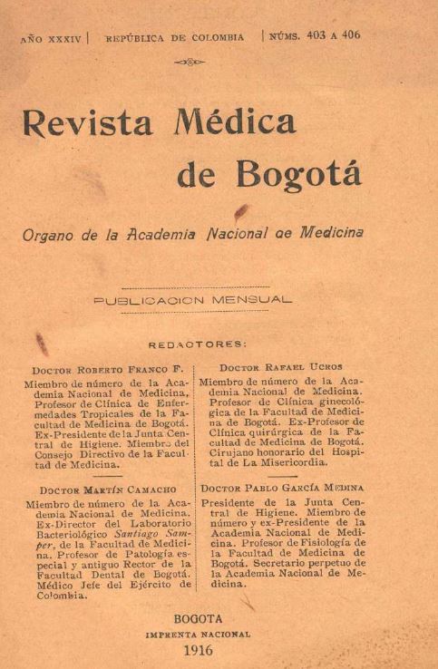 					Ver Vol. 34 Núm. 403-406 (1916): Revista Médica de Bogotá. Año XXXIV. V34 - Núm. 403-406
				