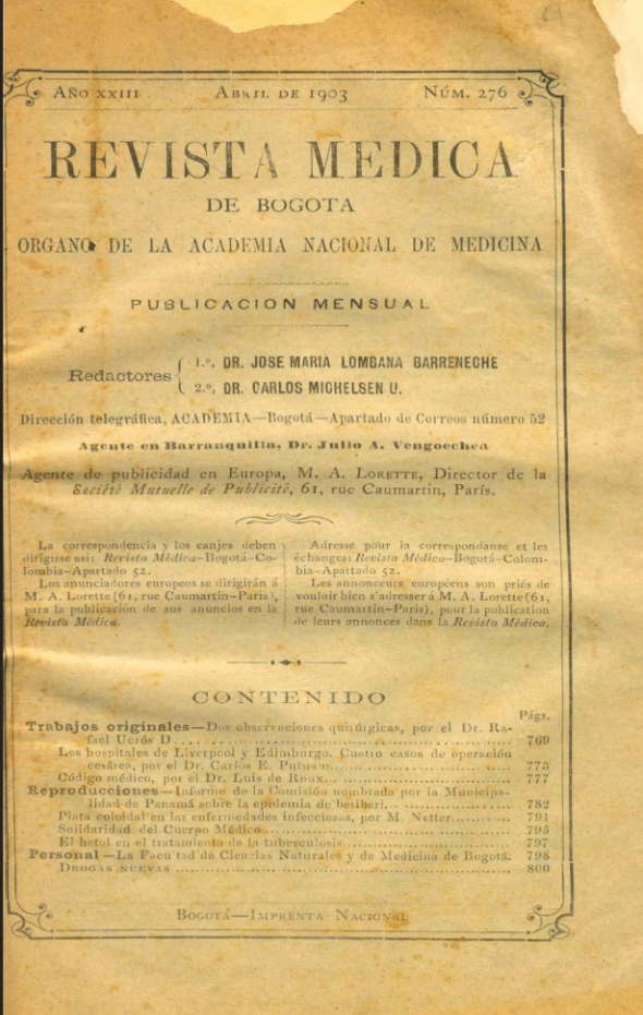 					Ver Vol. 23 Núm. 276 (1903): Revista Médica de Bogotá. Año XXIII. Abril de 1903. Núm. 276
				
