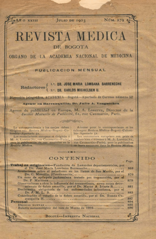 					Ver Vol. 23 Núm. 279 (1903): Revista Médica de Bogotá. Año XXIII. Julio de 1903. Núm. 279
				