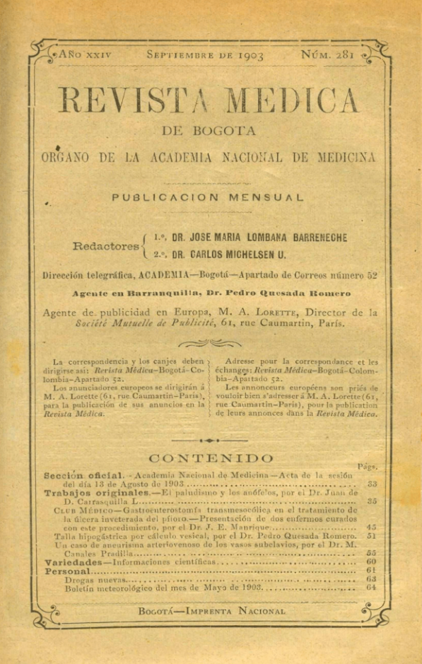 					Ver Vol. 24 Núm. 281 (1903): Revista Médica de Bogotá. Año XXIV. Septiembre de 1903. Núm. 281
				