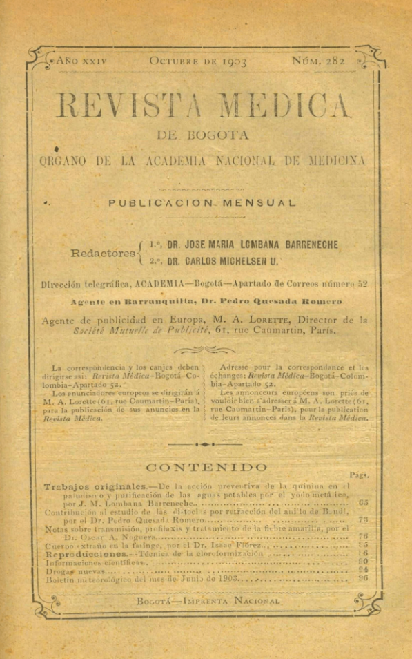 					Ver Vol. 24 Núm. 282 (1903): Revista Médica de Bogotá. Año XXIV. Octubre de 1903. Núm. 282
				