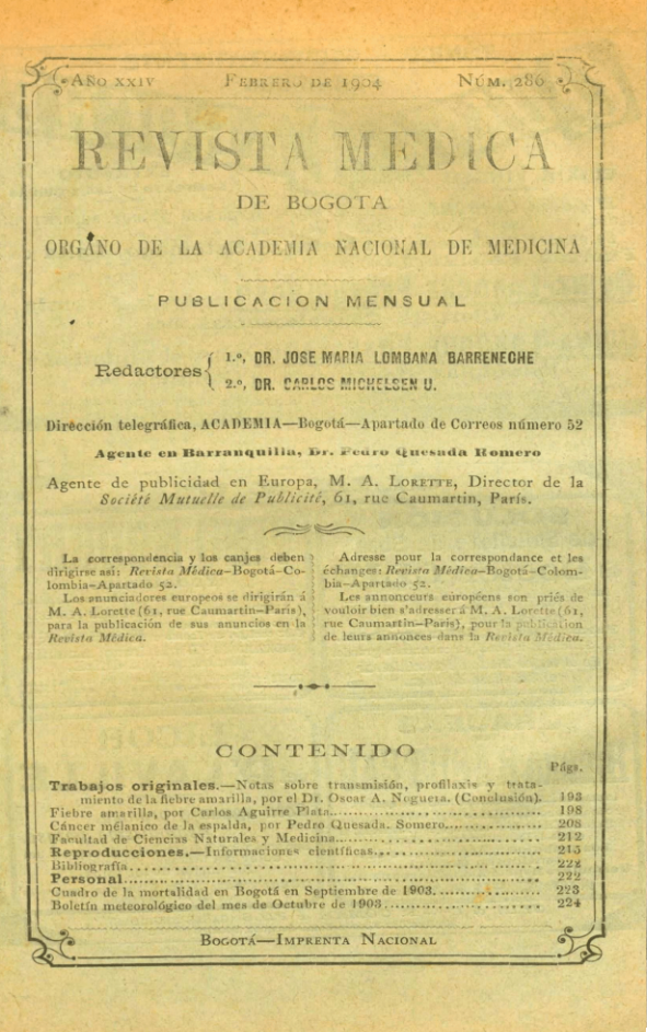 					Ver Vol. 24 Núm. 286 (1904): Revista Médica de Bogotá. Año XXIV. Febrero de 1904. Núm. 286
				