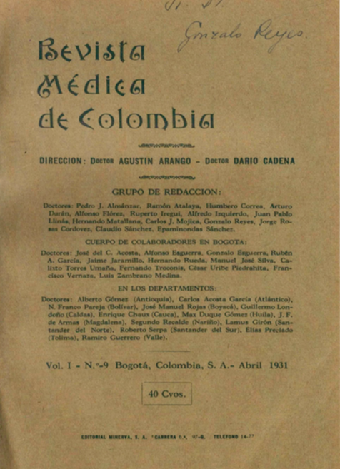 					Ver Vol. 1 Núm. 9 (1931): Revista Médica de Colombia. Abril de 1931 - V1 Núm. 9
				