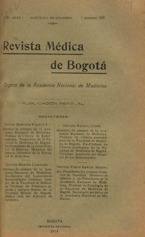 					Ver Vol. 32 Núm. 389 (1914): Revista Médica de Bogotá. Año XXXII. - V32 Núm. 389
				