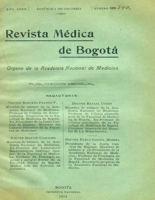					Ver Vol. 32 Núm. 390 (1914): Revista Médica de Bogotá. Año XXXII. - V32 Núm. 390
				
