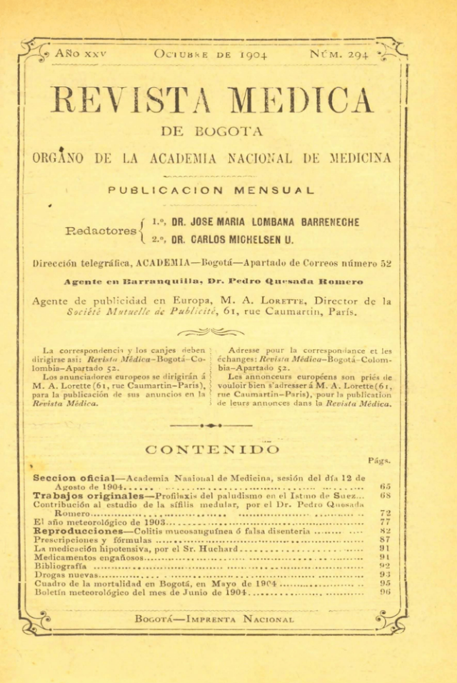 					Ver Vol. 25 Núm. 294 (1904): Revista Médica de Bogotá. Año XXV. Octubre de 1904. Núm. 294
				