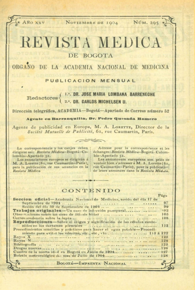 					Ver Vol. 25 Núm. 295 (1904): Revista Médica de Bogotá. Año XXV. Noviembre de 1904. Núm. 295
				