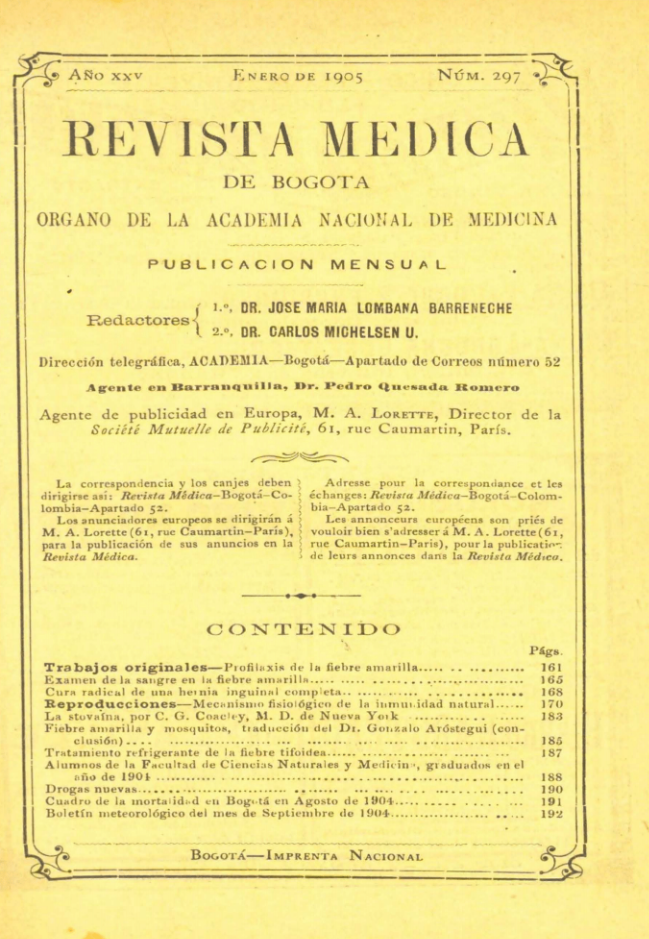 					Ver Vol. 25 Núm. 297 (1905): Revista Médica de Bogotá. Año XXV. Enero de 1905. Núm. 297
				