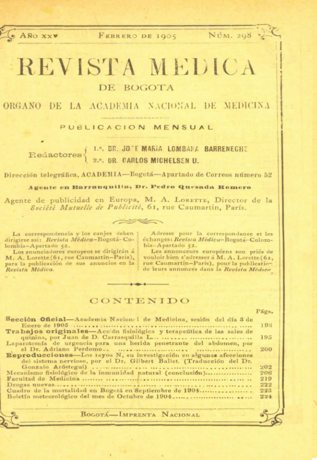 					Ver Vol. 25 Núm. 298 (1905): Revista Médica de Bogotá. Año XXV. Febrero de 1905. Núm. 298
				