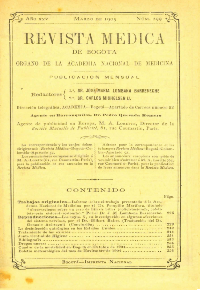					Ver Vol. 25 Núm. 299 (1905): Revista Médica de Bogotá. Año XXV. Marzo de 1905. Núm. 299
				
