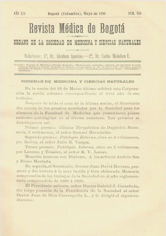 					Ver Vol. 14 Núm. 149 (1890): Revista Médica de Bogotá. Serie 14. Mayo de 1890. Núm. 149
				