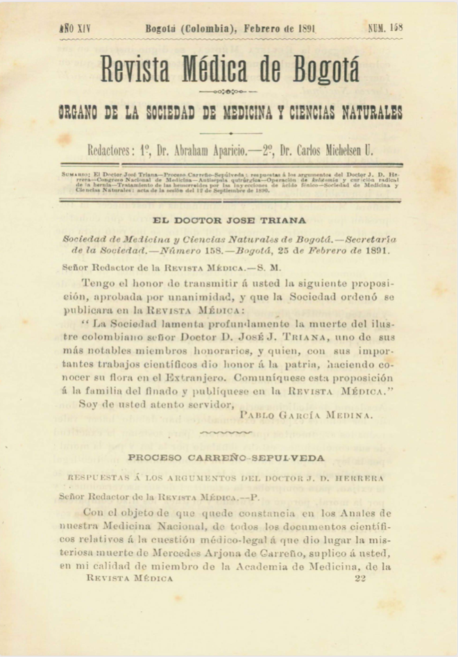 					Ver Vol. 14 Núm. 158 (1891): Revista Médica de Bogotá. Serie 14. Febrero de 1891. Núm. 158
				
