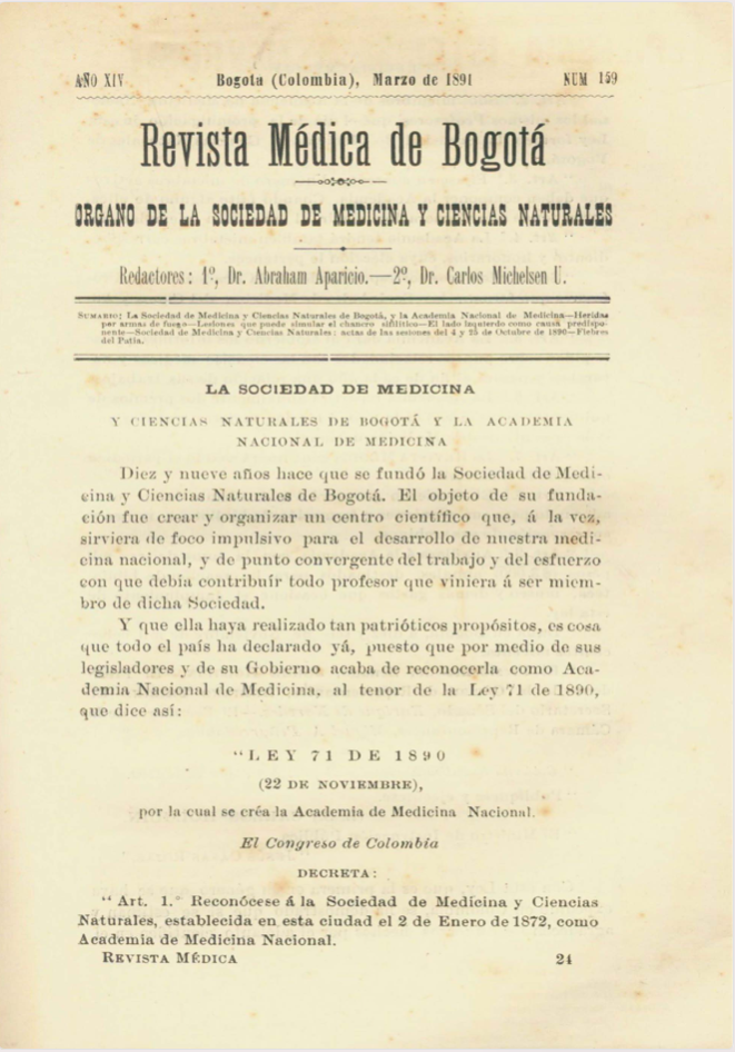 					Ver Vol. 14 Núm. 159 (1891): Revista Médica de Bogotá. Serie 14. Marzo de 1891. Núm. 159
				