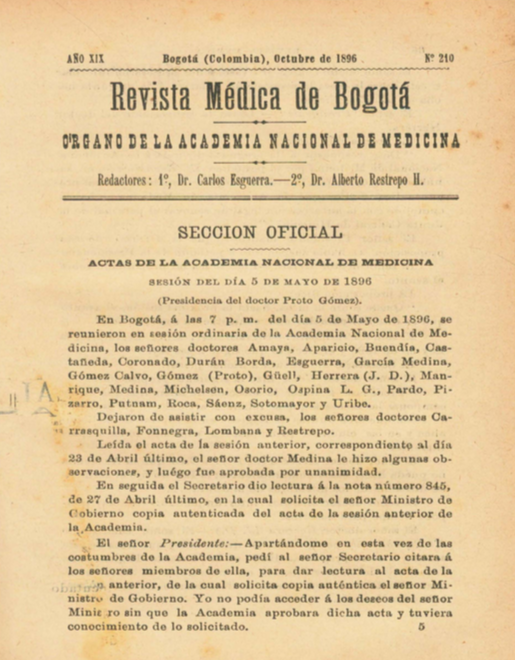 					Ver Vol. 19 Núm. 210 (1896): Revista Médica de Bogotá. Serie 19. Enero de 1896. Núm. 210
				