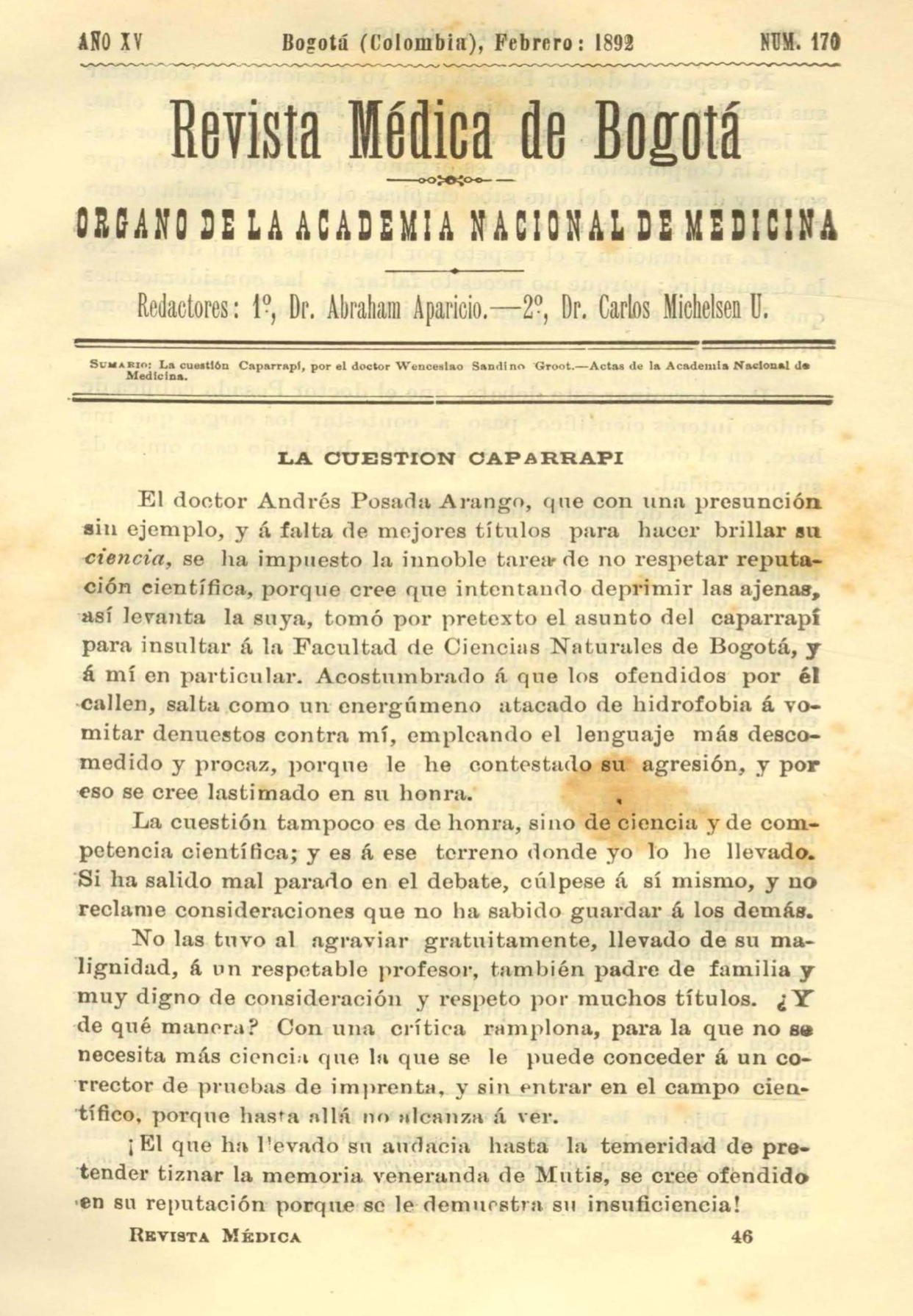 					Ver Vol. 15 Núm. 170 (1892): Revista Médica de Bogotá. Serie 15. Febrero de 1892. Núm. 170
				