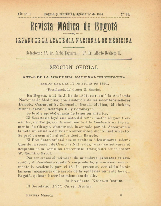 					Ver Vol. 18 Núm. 200 (1894): Revista Médica de Bogotá. Serie 18. Agosto de 1894. Núm. 200
				