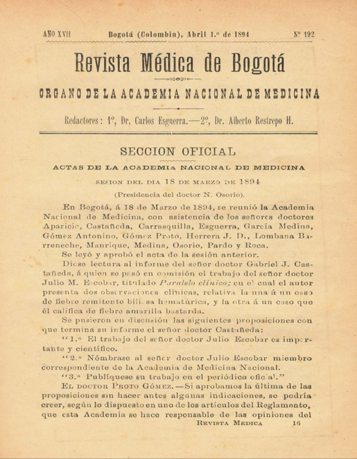 					Ver Vol. 17 Núm. 192 (1894): Revista Médica de Bogotá. Serie 17. Abril de 1894. Núm. 192
				