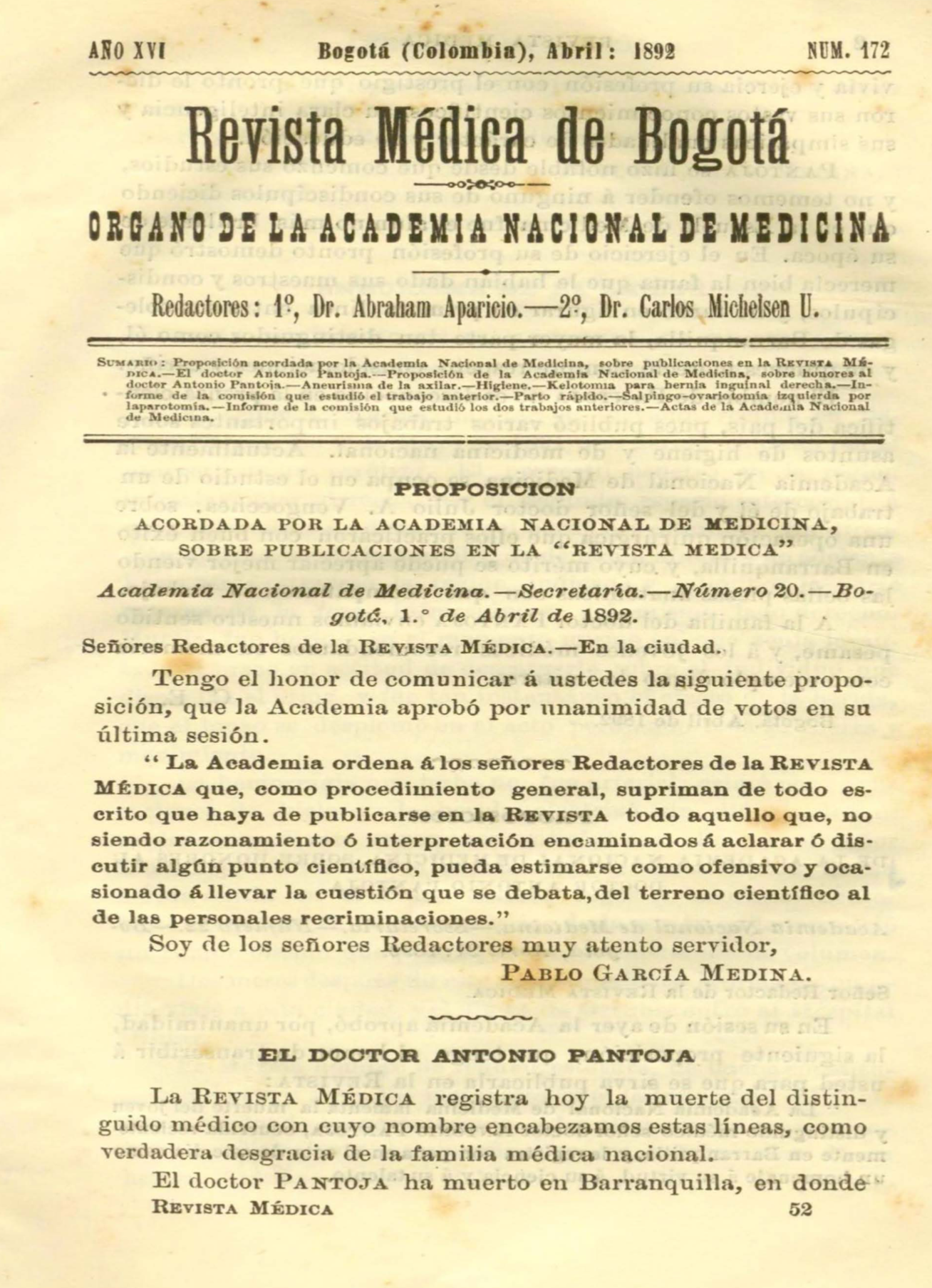 					Ver Vol. 16 Núm. 172 (1892): Revista Médica de Bogotá. Serie 16. Abril de 1892. Núm. 172
				