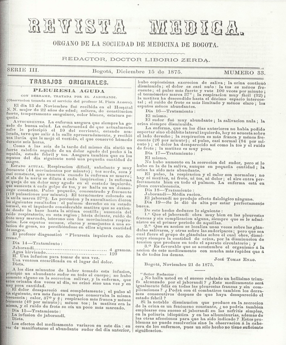 					Ver Vol. 3 Núm. 33 (1875): Revista Médica de Bogotá. Serie 33. Enero de 1875. Núm. 33
				