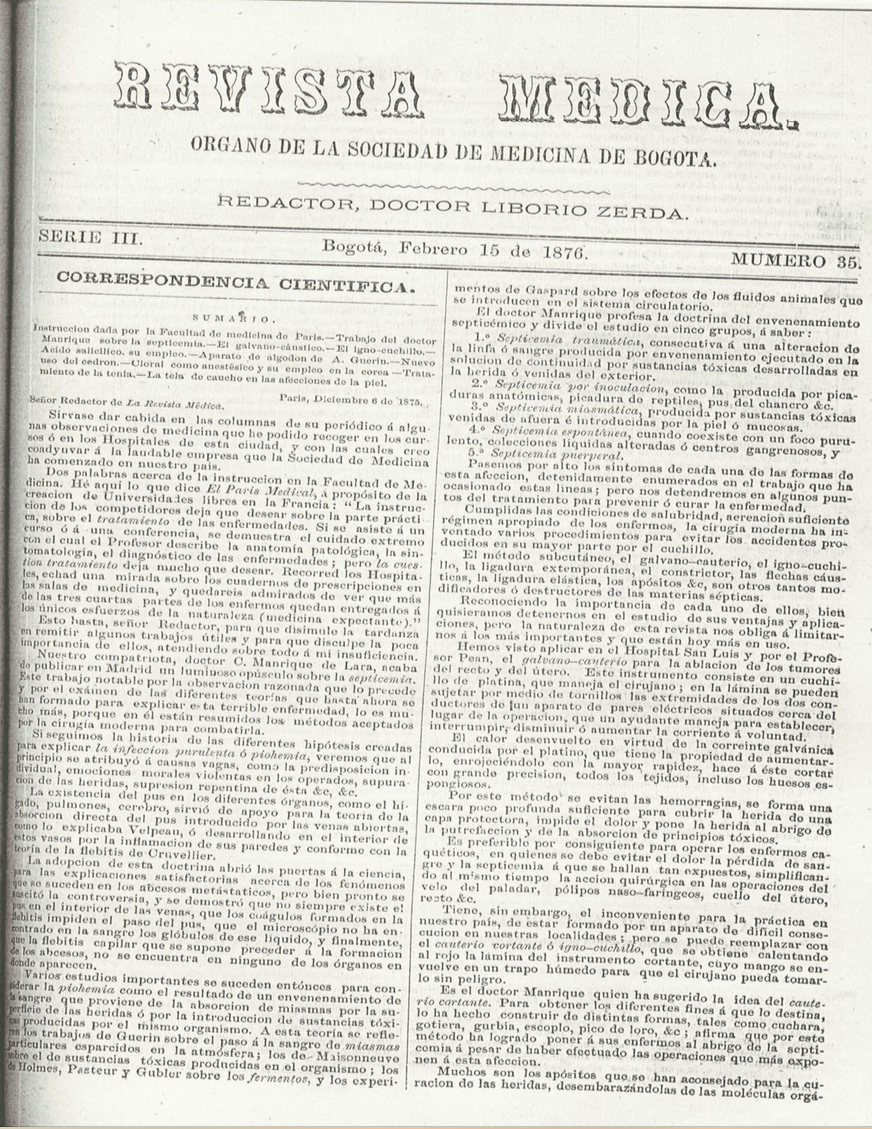 					Ver Vol. 3 Núm. 35 (1876): Revista Médica de Bogotá. Serie 3. Enero de 1876. Núm. 35
				