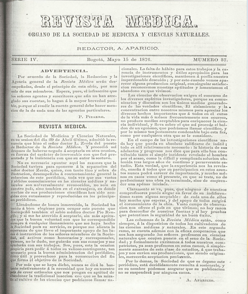 					Ver Vol. 4 Núm. 37 (1876): Revista Médica de Bogotá. Serie 4. Enero de 1876. Núm. 37
				