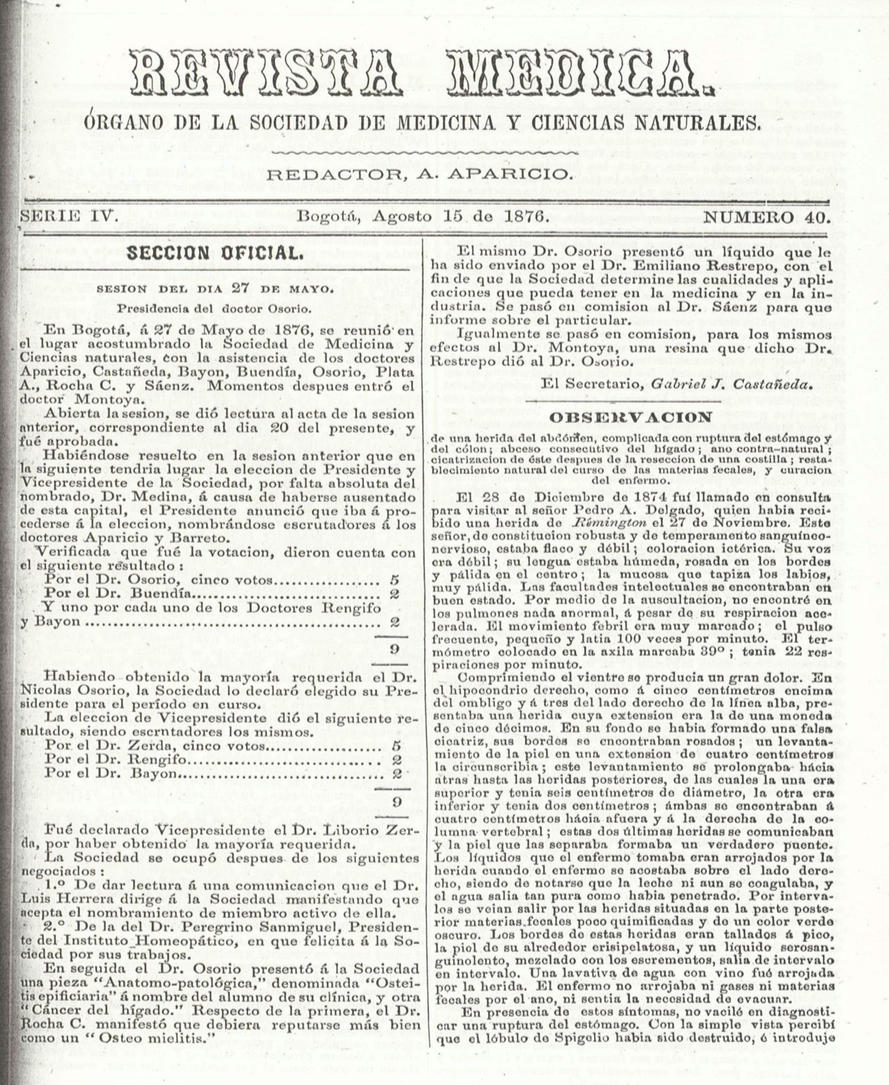 					Ver Vol. 4 Núm. 40 (1876): Revista Médica de Bogotá. Serie 4. Enero de 1876. Núm. 40
				