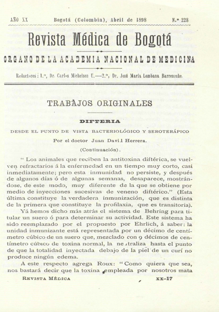 					Ver Vol. 20 Núm. 228 (1898): Revista Médica de Bogotá. Serie 20. Enero de 1898. Núm. 228
				