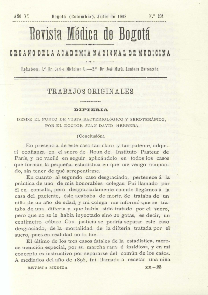 					Ver Vol. 20 Núm. 231 (1898): Revista Médica de Bogotá. Serie 20. Enero de 1898. Núm. 231
				