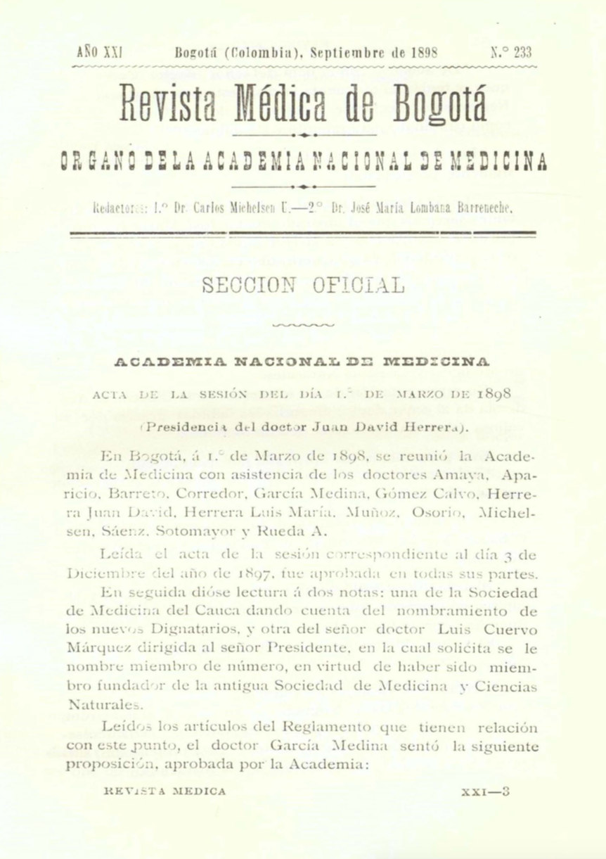 					Ver Vol. 21 Núm. 233 (1898): Revista Médica de Bogotá. Serie 21. Enero de 1898. Núm. 233
				